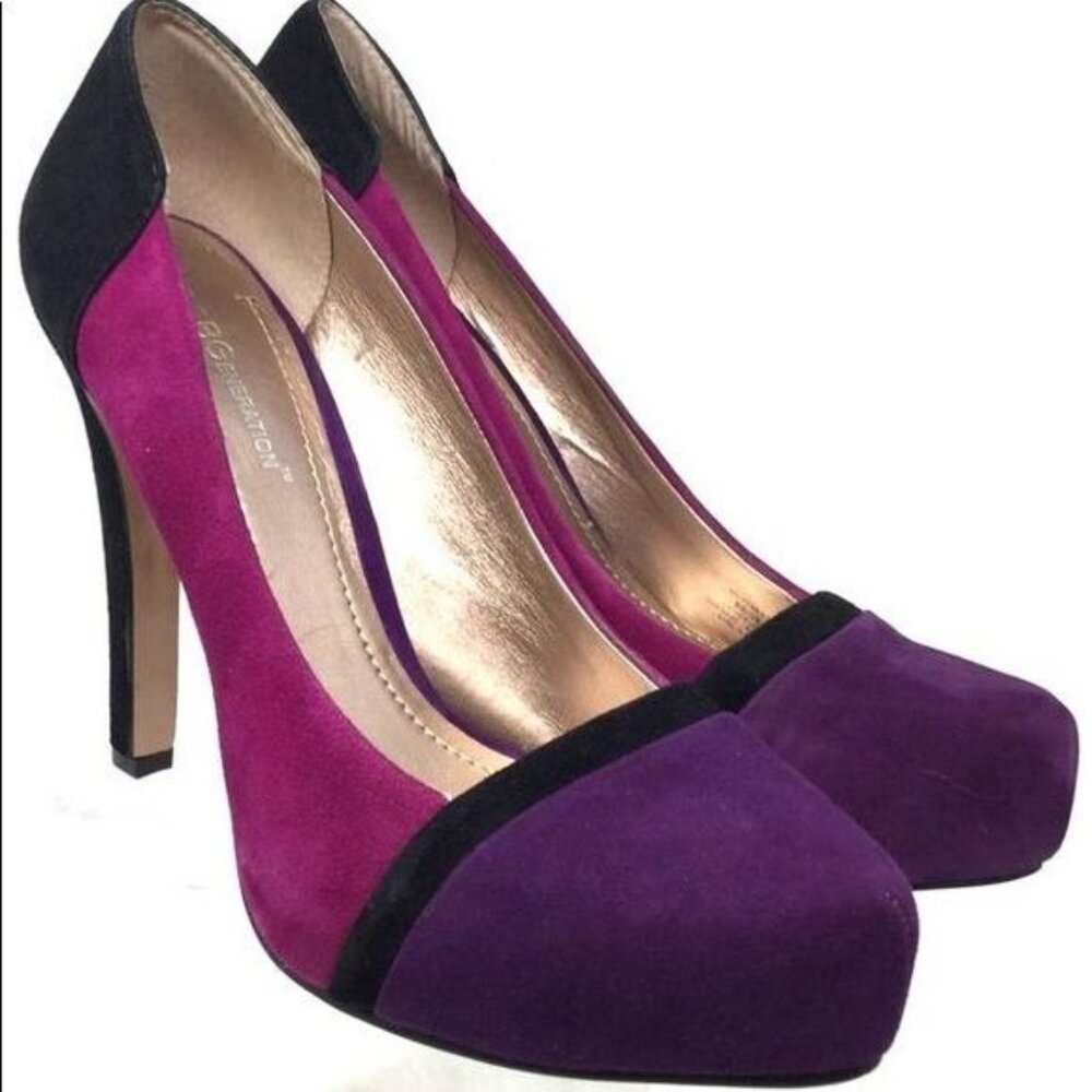 BCBGeneration Perries Suede High Heels Size 9 Purple Black Colorblock Modern